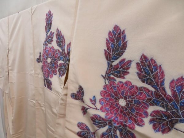 Photo2: 5110T12z1000 Vintage Japanese Kimono Silk TSUKESAGE Flower Off-white (2)