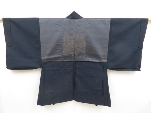 Photo1: 5118T01z590 Vintage Japanese Kimono Wool Men's HAORI Waterwheel Dark navy (1)
