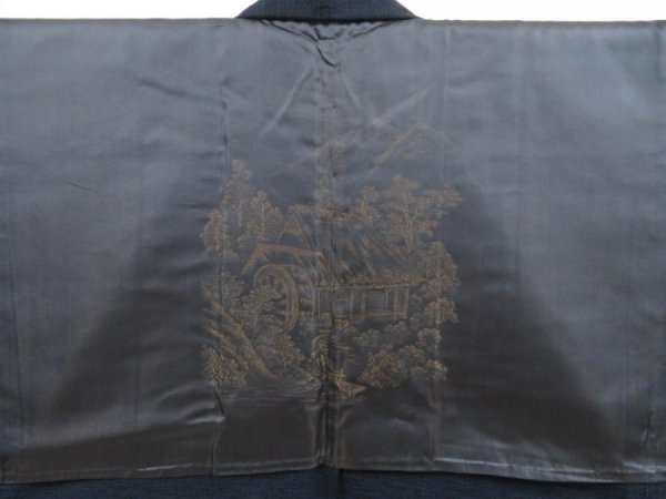 Photo2: 5118T01z590 Vintage Japanese Kimono Wool Men's HAORI Waterwheel Dark navy (2)