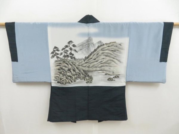 Photo1: 5118T02z740 Vintage Japanese Kimono Silk Men's HAORI Pine Dark cyan (1)