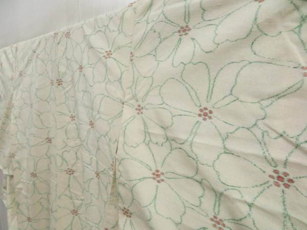 Photo2: 5118T07z900 Vintage Japanese Kimono Silk TSUMUGI Flower Off-white (2)