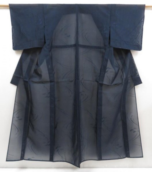 Photo1: 5118T14z370 Vintage Japanese Kimono Silk See through KOMON Stream Dark navy (1)