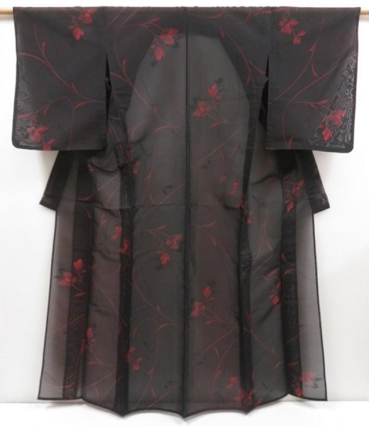Photo1: 5120T01z360 Vintage Japanese Kimono Silk See through KOMON Flower Black (1)