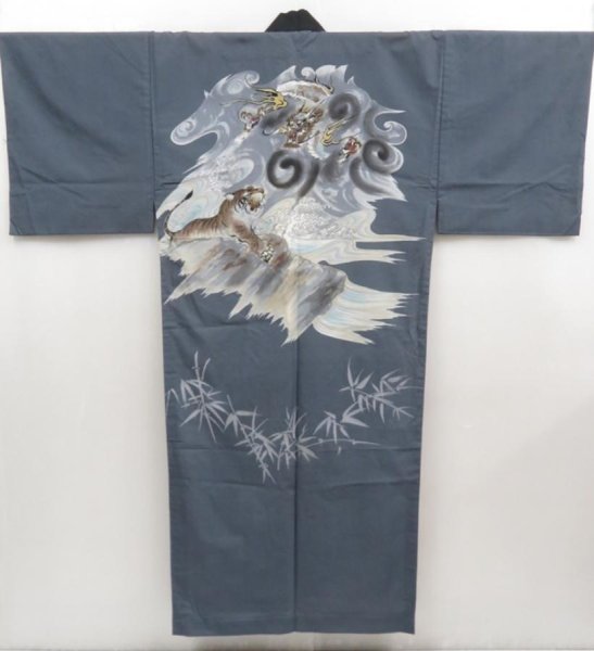Photo1: 5120T03z380 Vintage Japanese Kimono Synthetic Men's JUBAN Dragon Steel blue (1)