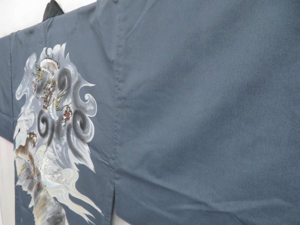 Photo2: 5120T03z380 Vintage Japanese Kimono Synthetic Men's JUBAN Dragon Steel blue (2)