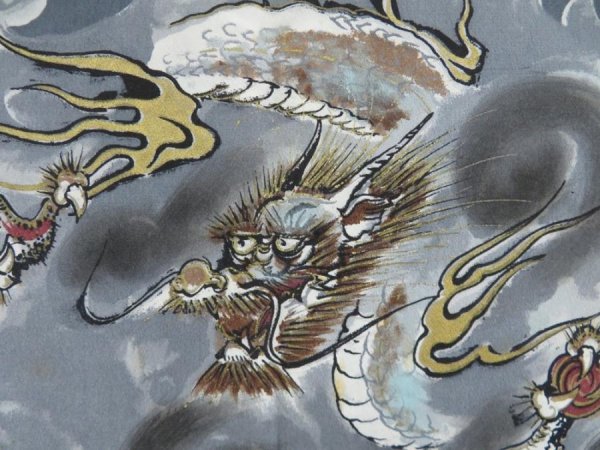 Photo4: 5120T03z380 Vintage Japanese Kimono Synthetic Men's JUBAN Dragon Steel blue (4)