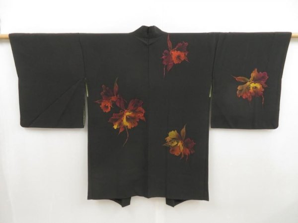 Photo1: 5120T06z660 Vintage Japanese Kimono Silk HAORI Flower Black (1)