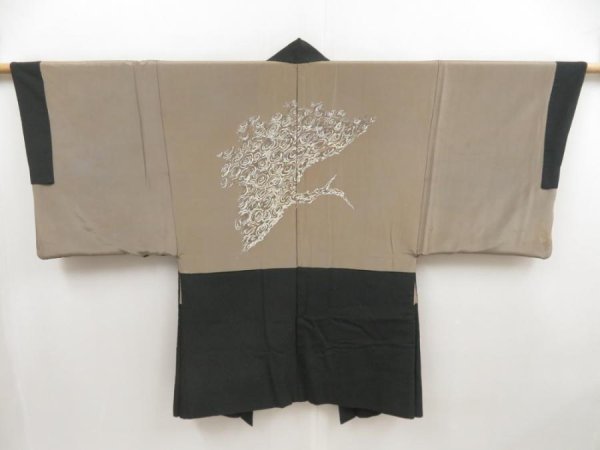 Photo1: 5120T08z650 Vintage Japanese Kimono Silk Men's HAORI Branch Black-Green (1)