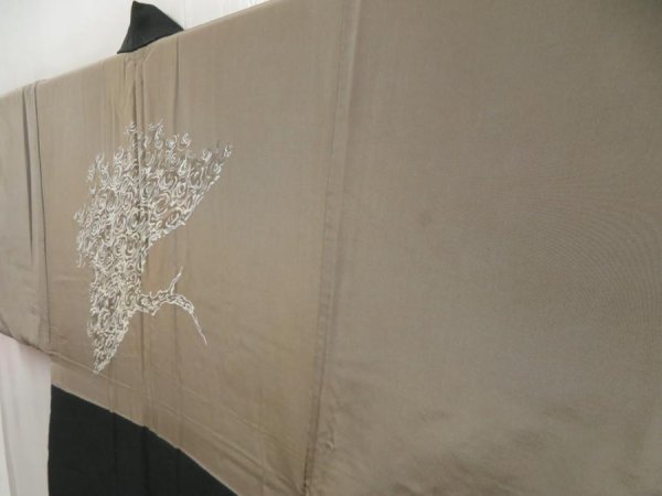 Photo2: 5120T08z650 Vintage Japanese Kimono Silk Men's HAORI Branch Black-Green (2)