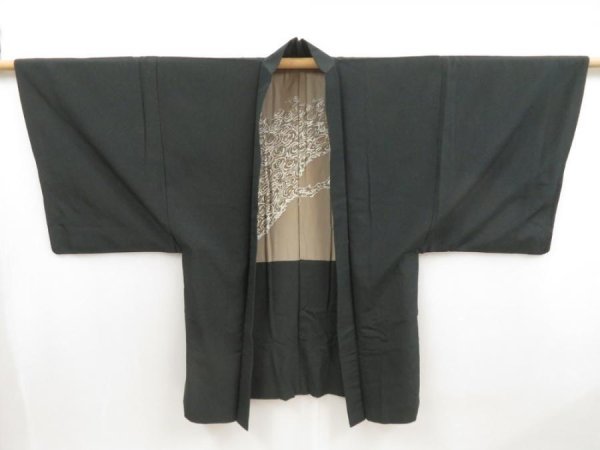 Photo6: 5120T08z650 Vintage Japanese Kimono Silk Men's HAORI Branch Black-Green (6)