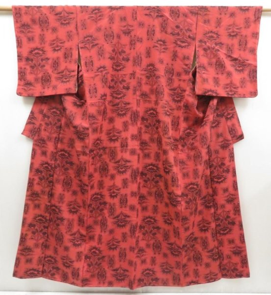 Photo1: 5120T09z830 Vintage Japanese Kimono Silk KOMON Flowers Coral pink (1)