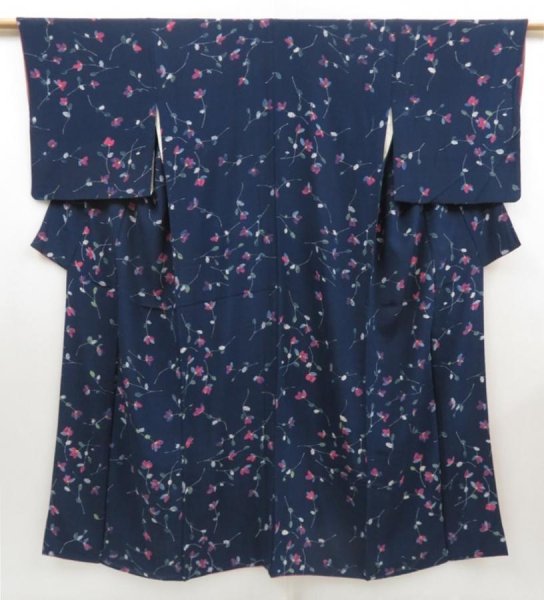 Photo1: 5120T13z790 Vintage Japanese Kimono Silk KOMON Flower Navy (1)
