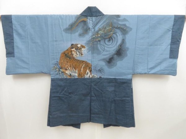 Photo1: 5124T02z640 Vintage Japanese Kimono Silk Men's HAORI Tiger Steel blue (1)