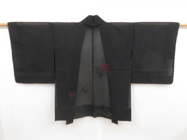Photo1: 5124T09z250 Vintage Japanese Kimono Silk See through HAORI Flower Black (1)