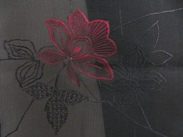 Photo4: 5124T09z250 Vintage Japanese Kimono Silk See through HAORI Flower Black (4)