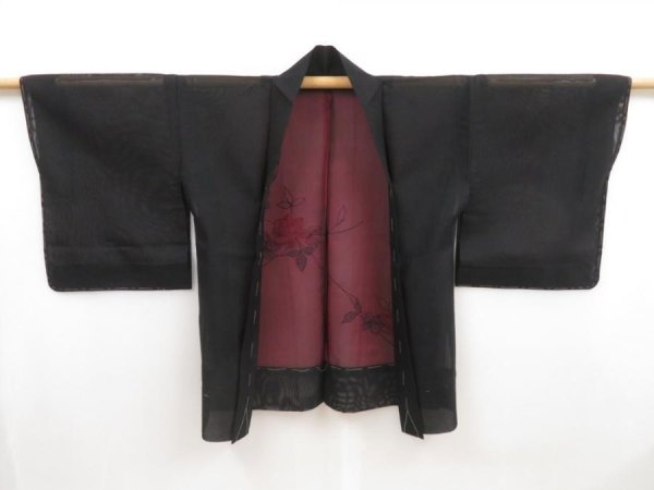 Photo5: 5124T09z250 Vintage Japanese Kimono Silk See through HAORI Flower Black (5)