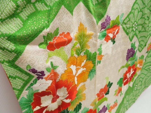 Photo3: 5124T10z1100 Vintage Japanese Kimono Silk FURISODE Peony Green (3)