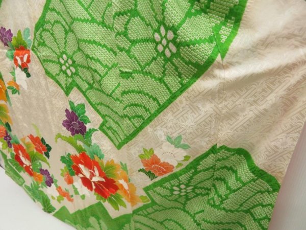 Photo4: 5124T10z1100 Vintage Japanese Kimono Silk FURISODE Peony Green (4)