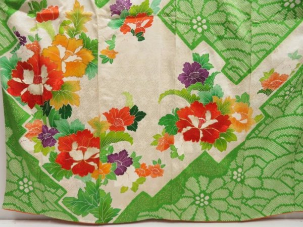 Photo5: 5124T10z1100 Vintage Japanese Kimono Silk FURISODE Peony Green (5)