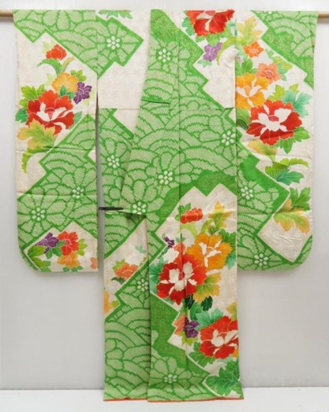 Photo6: 5124T10z1100 Vintage Japanese Kimono Silk FURISODE Peony Green (6)