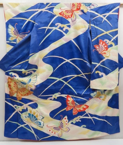 Photo1: 5124T13z940 Vintage Japanese Kimono Silk FURISODE Butterfly Oriental blue (1)