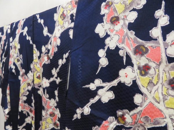 Photo2: 5126T01z600 Vintage Japanese Kimono Silk KOMON Plum branch Dark navy (2)
