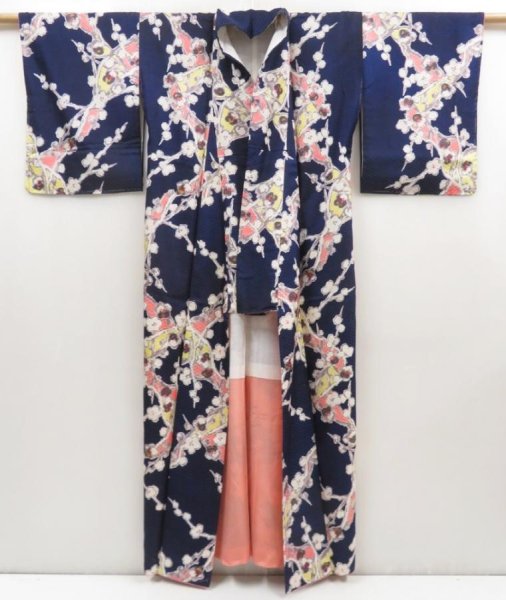Photo5: 5126T01z600 Vintage Japanese Kimono Silk KOMON Plum branch Dark navy (5)