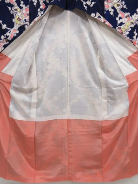 Photo6: 5126T01z600 Vintage Japanese Kimono Silk KOMON Plum branch Dark navy (6)