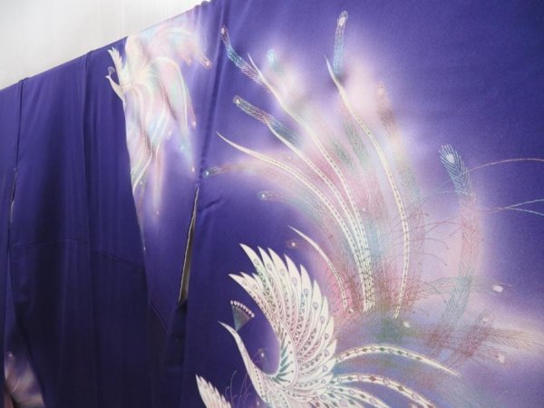 Photo2: 5126T10z1030 Vintage Japanese Kimono Silk FURISODE Phoenix 	Dark lavender (2)