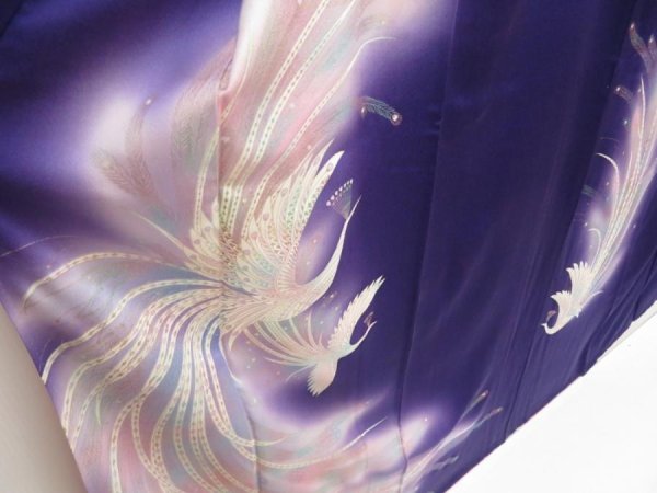 Photo3: 5126T10z1030 Vintage Japanese Kimono Silk FURISODE Phoenix 	Dark lavender (3)