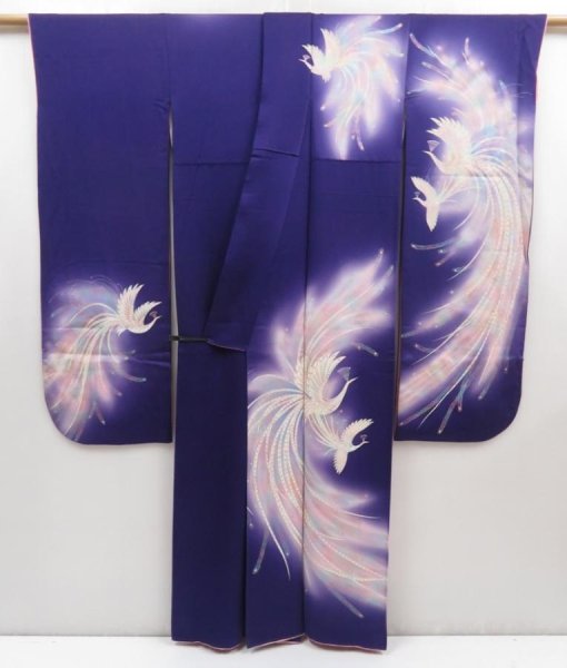 Photo5: 5126T10z1030 Vintage Japanese Kimono Silk FURISODE Phoenix 	Dark lavender (5)