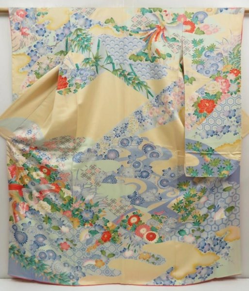 Photo1: 5126T11z1110 Vintage Japanese Kimono Silk FURISODE Peony Light orange (1)