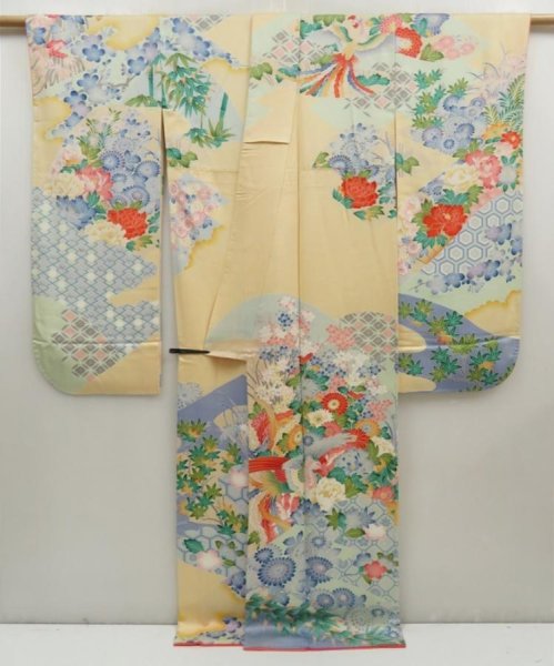 Photo5: 5126T11z1110 Vintage Japanese Kimono Silk FURISODE Peony Light orange (5)