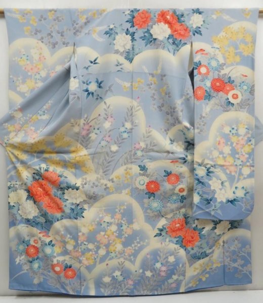 Photo1: 5126T12z1110 Vintage Japanese Kimono Silk FURISODE Peony Dull light blue (1)
