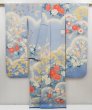 Photo6: 5126T12z1110 Vintage Japanese Kimono Silk FURISODE Peony Dull light blue (6)