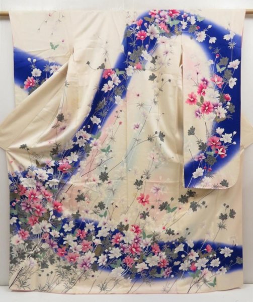 Photo1: 5126T13z1080 Vintage Japanese Kimono Silk FURISODE Flower Off-white (1)