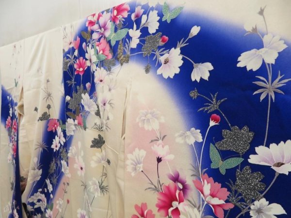 Photo2: 5126T13z1080 Vintage Japanese Kimono Silk FURISODE Flower Off-white (2)