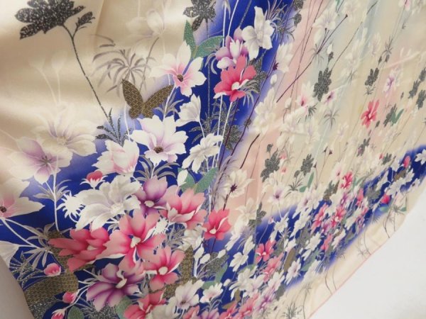 Photo3: 5126T13z1080 Vintage Japanese Kimono Silk FURISODE Flower Off-white (3)