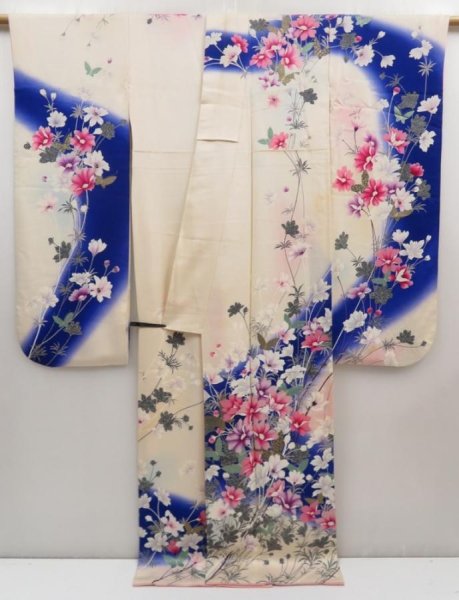 Photo5: 5126T13z1080 Vintage Japanese Kimono Silk FURISODE Flower Off-white (5)