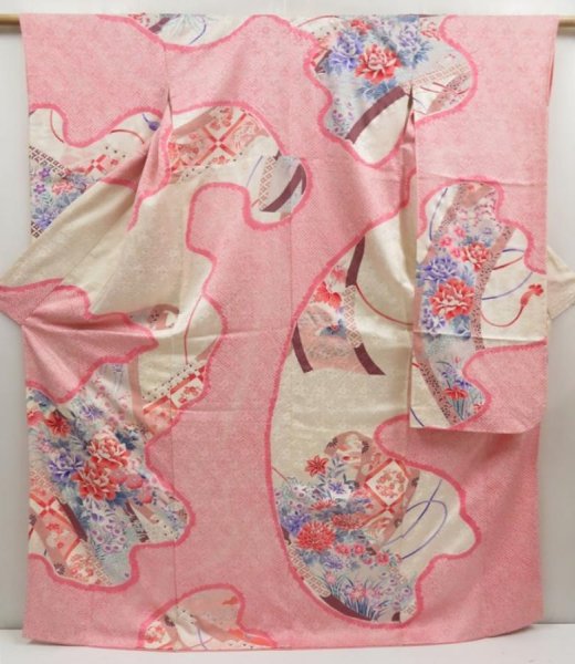 Photo1: 5126T14z990 Vintage Japanese Kimono Silk FURISODE Peony Pink (1)