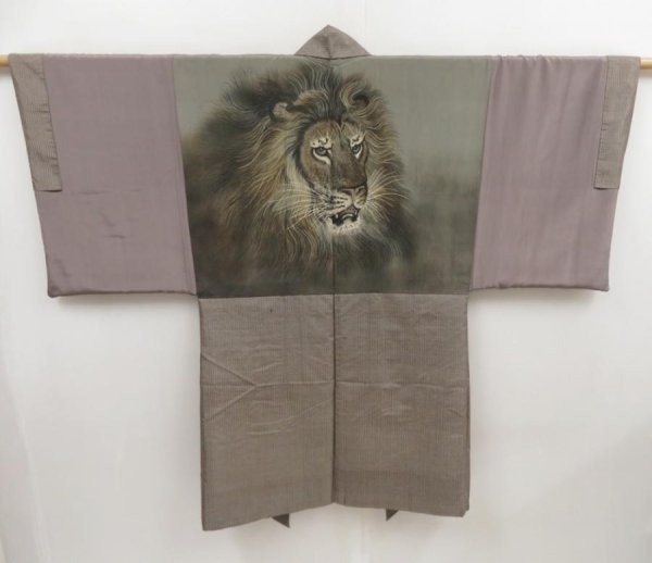 Photo1: 5127T03z470 Vintage Japanese Kimono Silk Men's HAORI Lion Brown-Gray (1)
