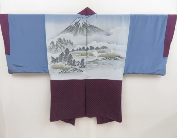 Photo1: 5127T05z690 Vintage Japanese Kimono Silk Men's HAORI Mt.Fuji Dark purple (1)