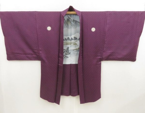 Photo4: 5127T05z690 Vintage Japanese Kimono Silk Men's HAORI Mt.Fuji Dark purple (4)