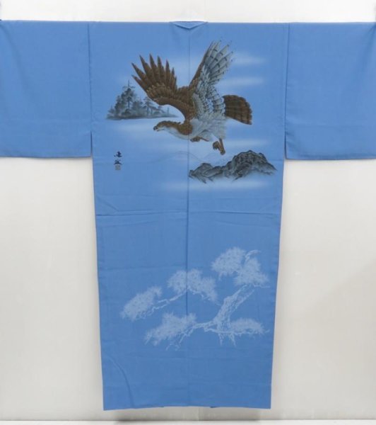 Photo1: 5127T06z420  Japanese Kimono Synthetic Men's JUBAN Hawk Hyacinth blue (1)