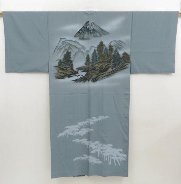 Photo1: 5127T08z480 Vintage Japanese Kimono Synthetic Men's JUBAN Mt.Fuji Blue-Gray (1)