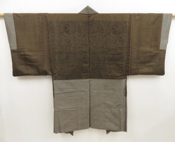 Photo1: 5127T10z600 Vintage Japanese Kimono Silk Men's HAORI  Brown-Gray (1)