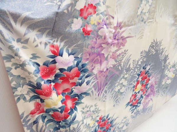 Photo5: 5127T12z1210 Vintage Japanese Kimono Silk FURISODE Flowers Off-white (5)