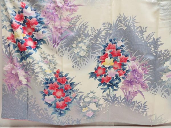 Photo6: 5127T12z1210 Vintage Japanese Kimono Silk FURISODE Flowers Off-white (6)