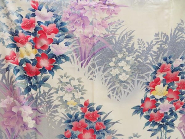 Photo8: 5127T12z1210 Vintage Japanese Kimono Silk FURISODE Flowers Off-white (8)