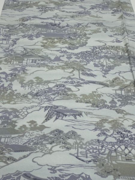 Photo1: 1Y01z50  Japanese Kimono Silk  FABRIC Scenery Light blue-gray 40.2x15.0 (1)